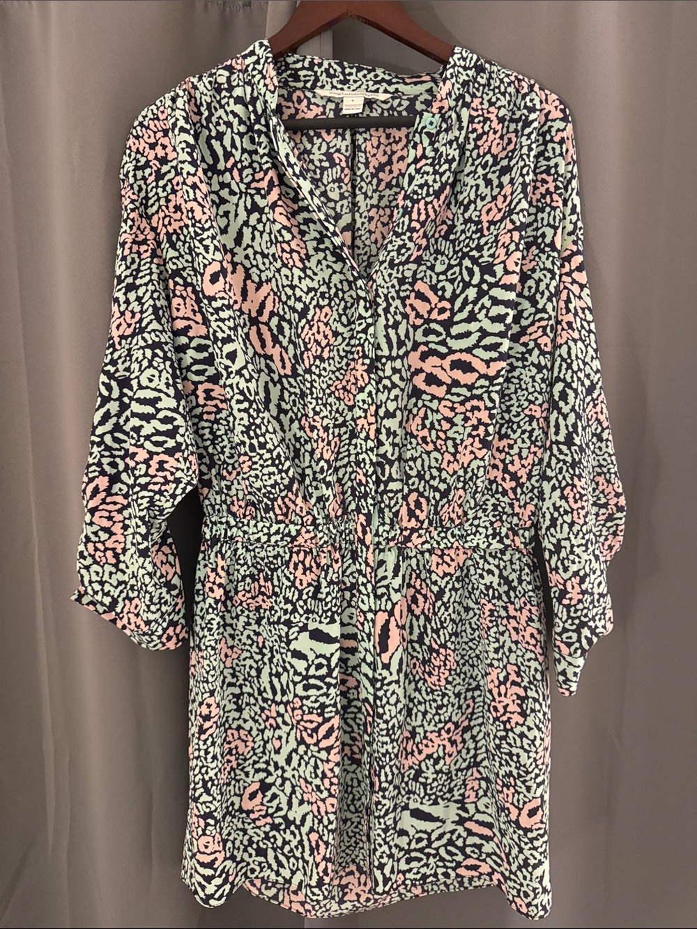 Silk Diane Von Furstenberg Navy Dress with Mint & Pale Pink Animal Print